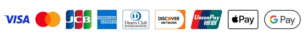 VISA、Mastercard、JCB、American Express、Diners Club、DISCOVER