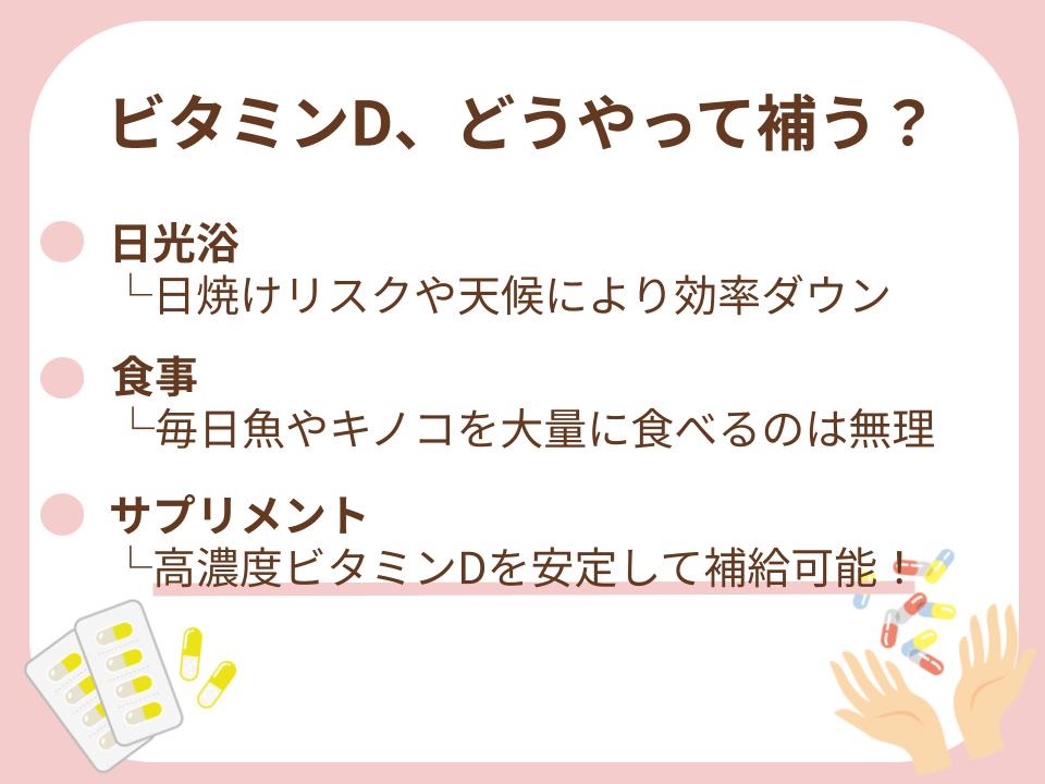 日光・食事は難しい、サプリが現実的