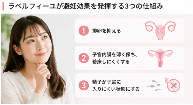 ラベルフィーユが避妊効果を発揮する3つの仕組みを示す図解イラスト