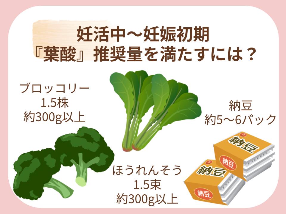 妊活〜妊娠初期の葉酸推奨量を食物で満たす場合の図解
